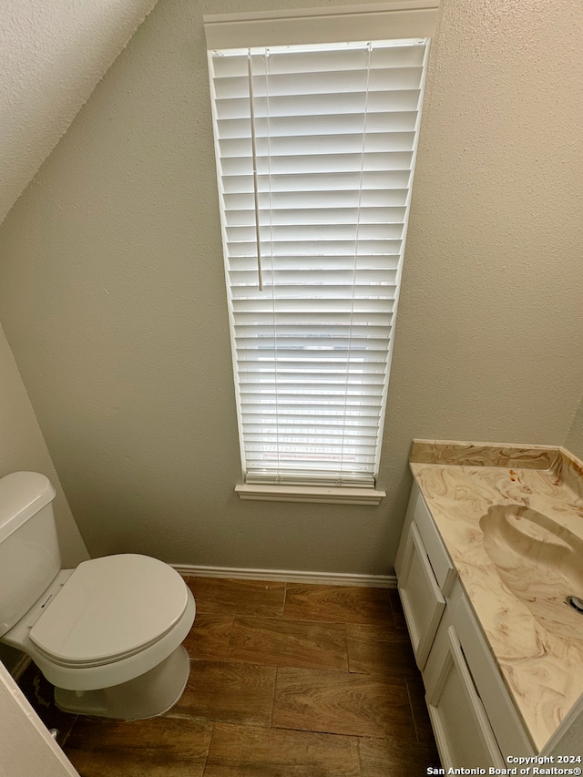 bathroom featuring toilet, vanity, hardwood / wood-style flooring, and lofted ceiling