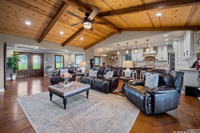 living room featuring recessed lighting, dark wood-type flooring, ceiling fan, wood ceiling, and vaulted ceiling with beams