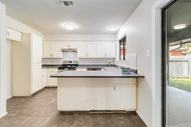 kitchen featuring under cabinet range hood, a peninsula, a sink, stainless steel electric range oven, and dark countertops