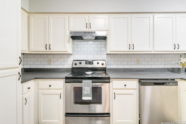 kitchen featuring stainless steel appliances, backsplash, white cabinets, and under cabinet range hood