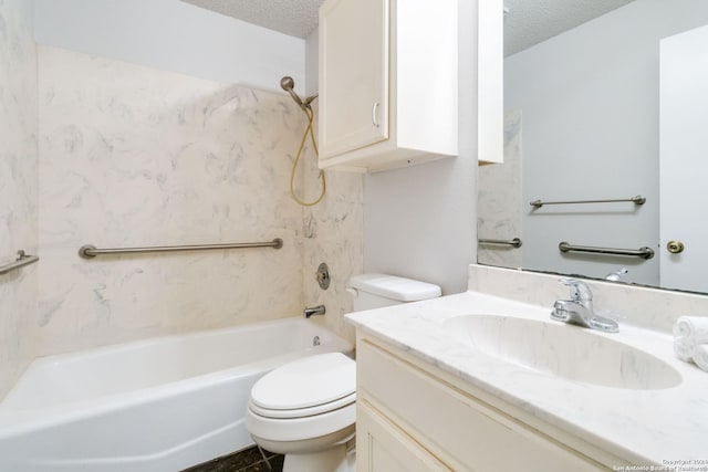 full bath featuring bathtub / shower combination, a textured ceiling, toilet, and vanity