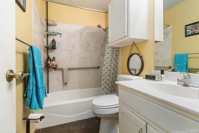 full bathroom with vanity, tile patterned floors, toilet, a textured ceiling, and shower / tub combo with curtain