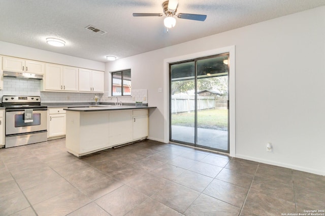 kitchen featuring under cabinet range hood, visible vents, stainless steel electric stove, and tasteful backsplash