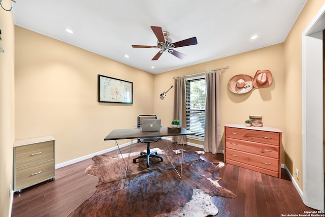 office space featuring ceiling fan and dark hardwood / wood-style flooring