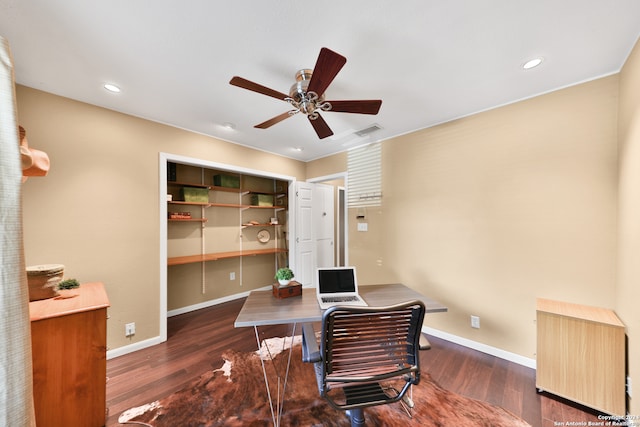 office space featuring ceiling fan and dark wood-type flooring