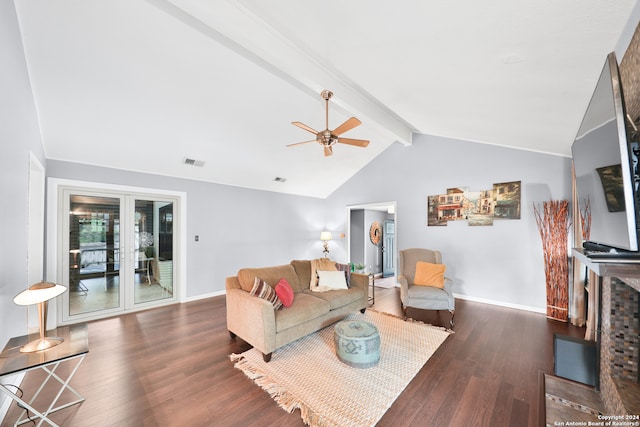 living room featuring ceiling fan, dark hardwood / wood-style floors, lofted ceiling with beams, and french doors