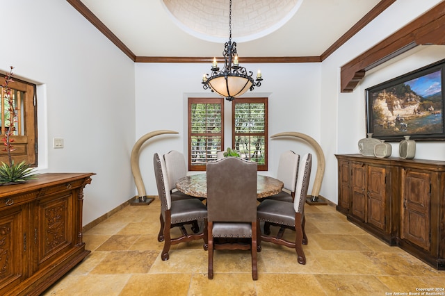 dining space featuring ornamental molding, a chandelier, and light tile patterned flooring