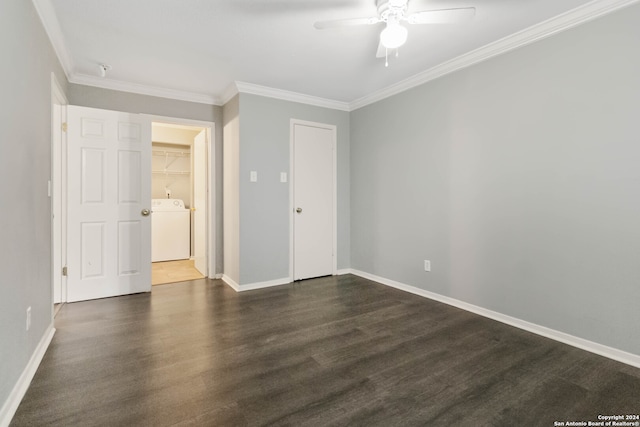 unfurnished bedroom featuring washer / clothes dryer, ceiling fan, a closet, dark wood-type flooring, and crown molding