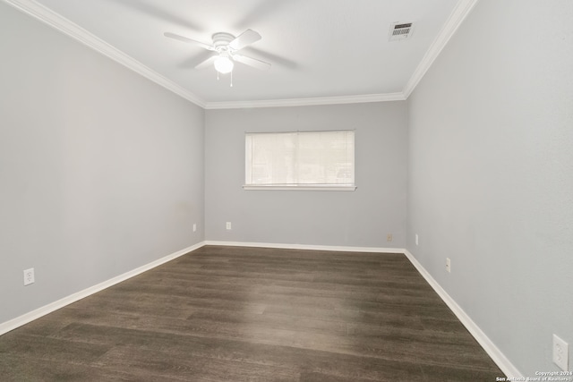 empty room featuring crown molding, ceiling fan, and dark hardwood / wood-style flooring