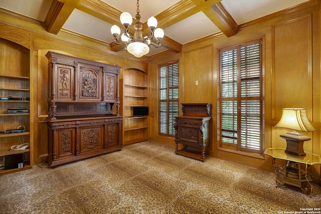 office space with an inviting chandelier, crown molding, coffered ceiling, carpet, and beam ceiling