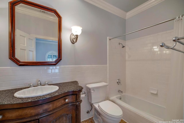 full bathroom featuring vanity, toilet, ornamental molding, decorative backsplash, and shower / bathtub combination with curtain