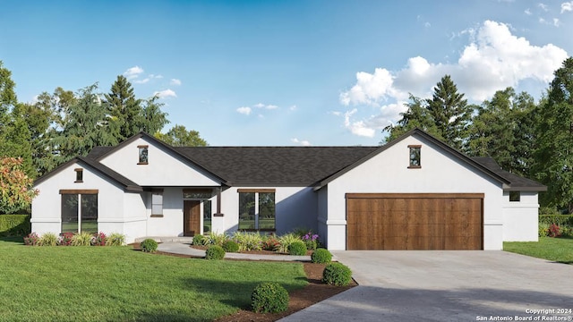 modern inspired farmhouse featuring a front yard, concrete driveway, an attached garage, and stucco siding