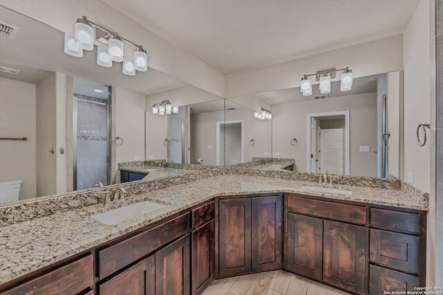 bathroom featuring walk in shower, vanity, and toilet