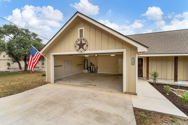 garage featuring water heater