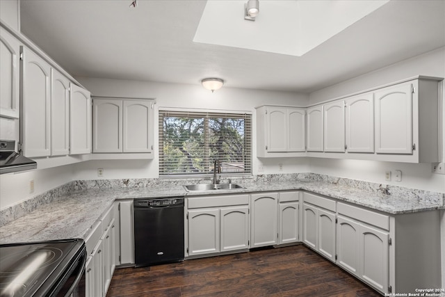 kitchen featuring black dishwasher, white cabinetry, sink, and dark hardwood / wood-style floors