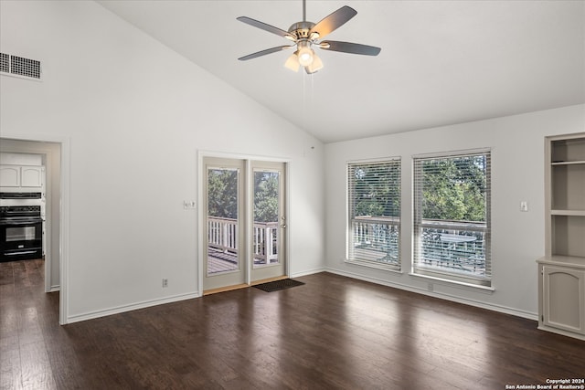 unfurnished living room featuring dark wood-type flooring, ceiling fan, and high vaulted ceiling