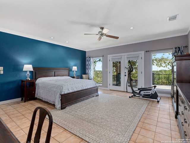 bedroom with light tile patterned flooring, ornamental molding, multiple windows, and access to outside