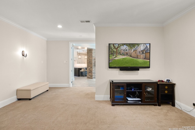 carpeted living room featuring crown molding