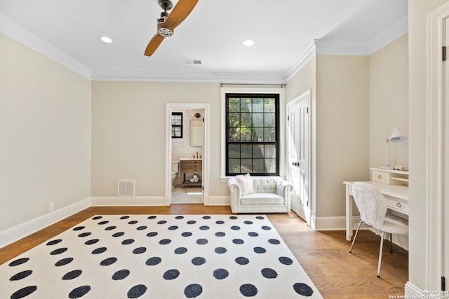 entrance foyer with ceiling fan, light hardwood / wood-style flooring, and ornamental molding