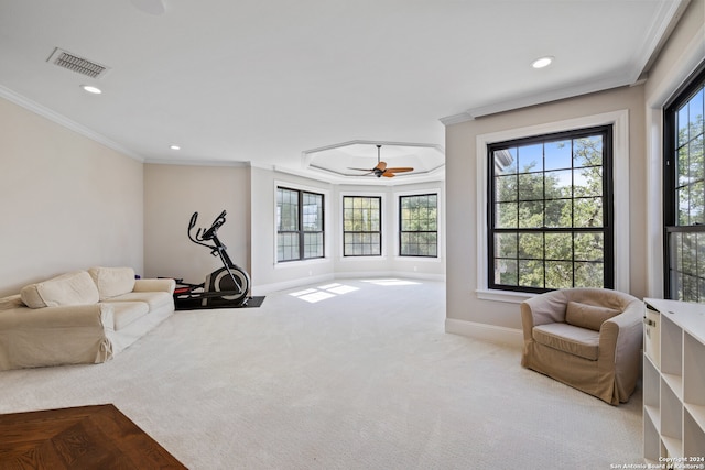 living area featuring ornamental molding, ceiling fan, and light carpet