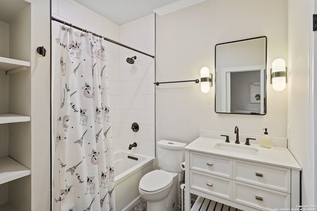 full bathroom featuring shower / tub combo with curtain, vanity, and toilet