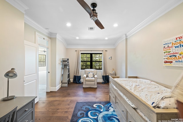 bedroom featuring crown molding, dark hardwood / wood-style flooring, and ceiling fan