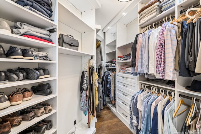 walk in closet with dark hardwood / wood-style floors