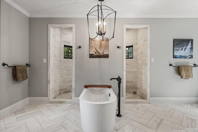 bathroom featuring a healthy amount of sunlight, crown molding, and separate shower and tub