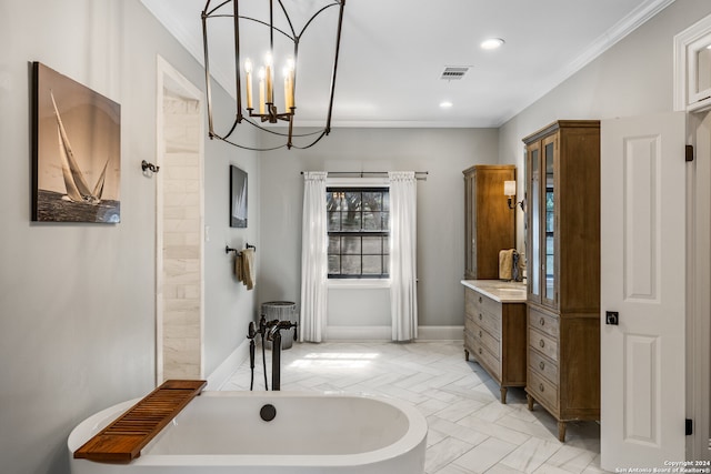 bathroom featuring vanity, a bathtub, and ornamental molding