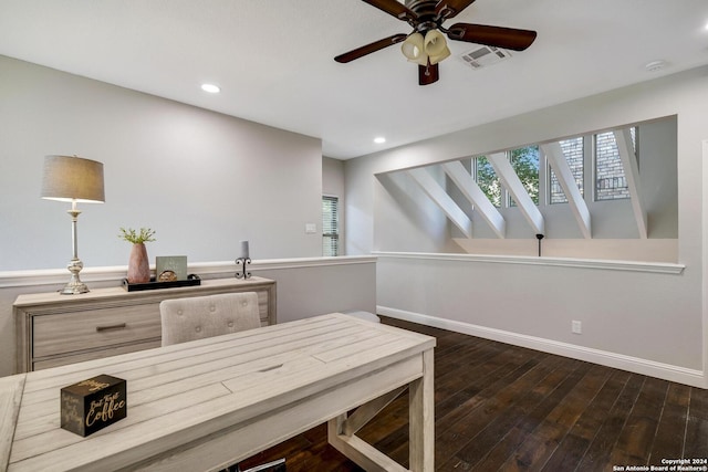 office with hardwood / wood-style flooring, recessed lighting, visible vents, and baseboards