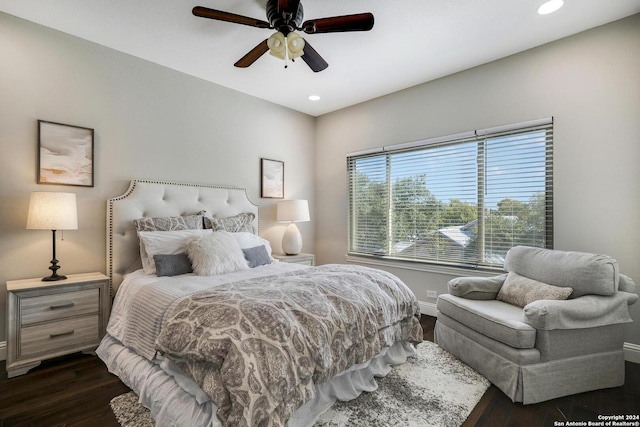 bedroom featuring ceiling fan, dark wood-style flooring, baseboards, and recessed lighting