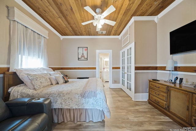 bedroom with wood ceiling, light hardwood / wood-style flooring, ensuite bath, and ceiling fan