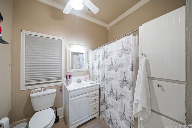 bathroom featuring vanity, toilet, crown molding, and ceiling fan