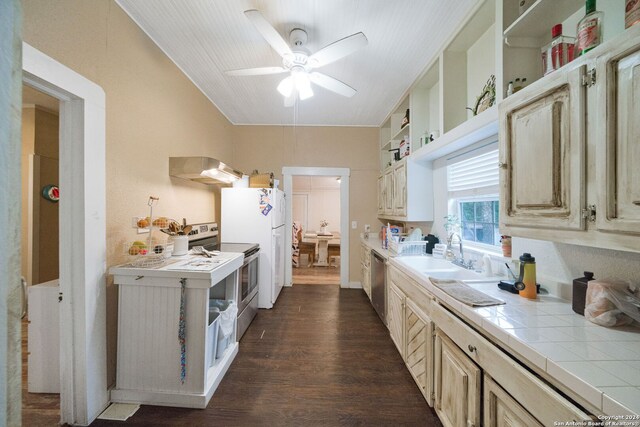 kitchen with appliances with stainless steel finishes, sink, tile counters, range hood, and dark wood-type flooring