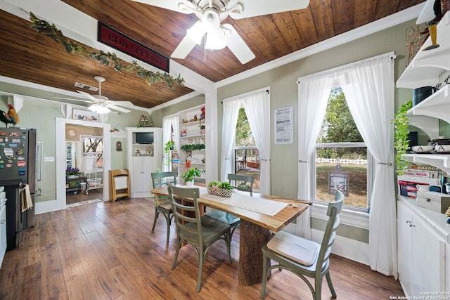 dining space with wood ceiling, dark hardwood / wood-style floors, plenty of natural light, and ceiling fan