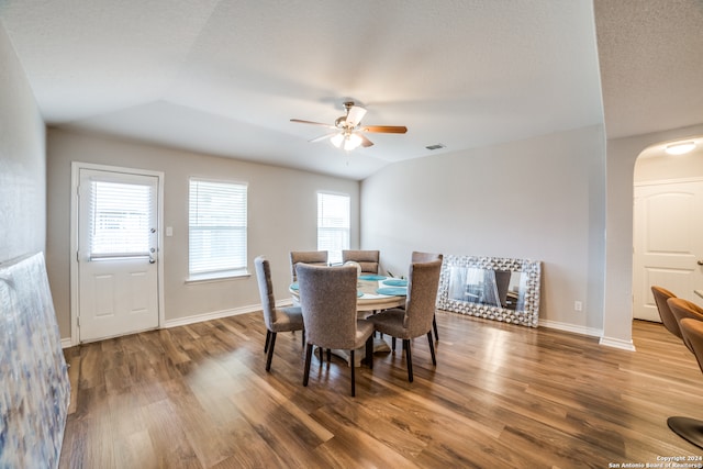 dining space featuring ceiling fan, a wealth of natural light, and dark hardwood / wood-style flooring