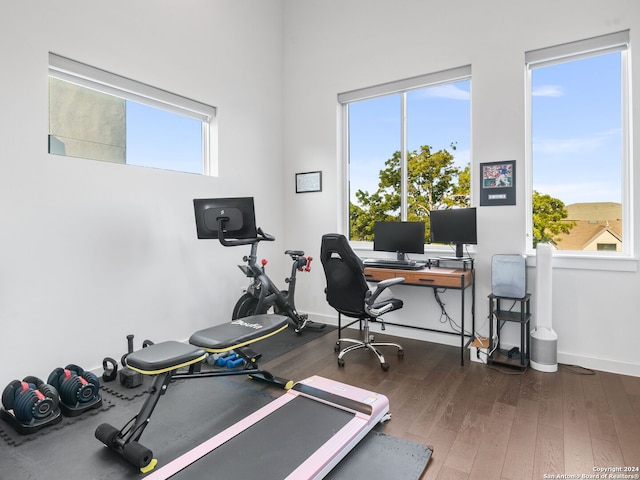 workout room featuring dark wood-type flooring and a healthy amount of sunlight