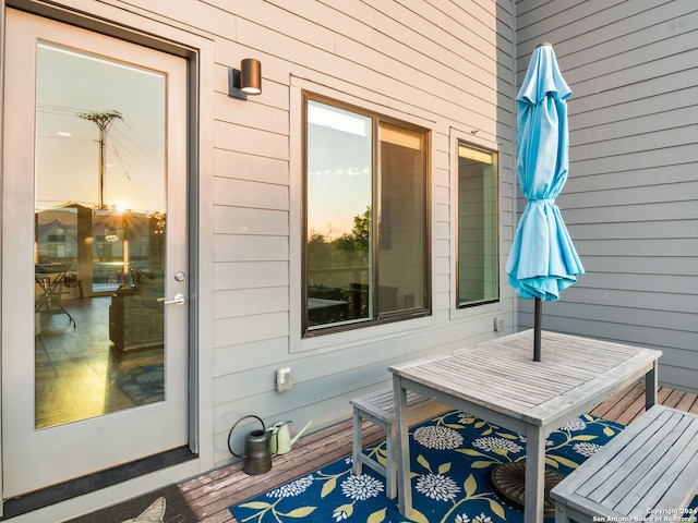 view of patio terrace at dusk