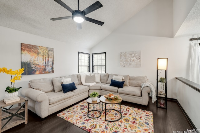 living room featuring dark wood-type flooring, ceiling fan, high vaulted ceiling, and a textured ceiling