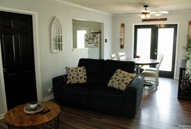 living room featuring crown molding, dark hardwood / wood-style floors, a textured ceiling, and ceiling fan