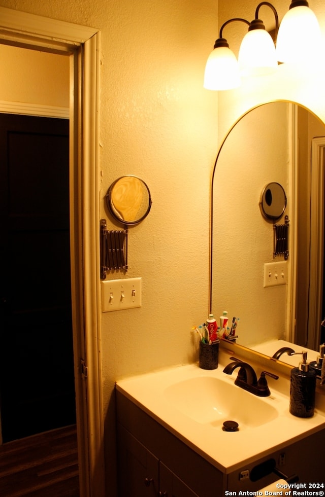 bathroom featuring vanity and hardwood / wood-style flooring