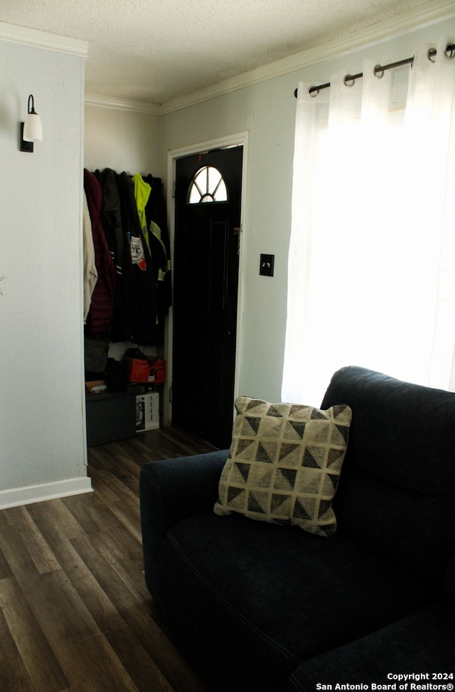 entrance foyer with crown molding, dark hardwood / wood-style floors, and a textured ceiling