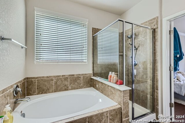 bathroom with plenty of natural light and separate shower and tub