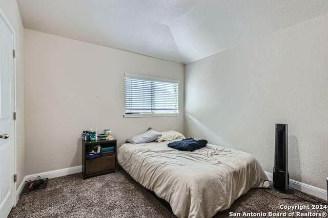 bedroom featuring lofted ceiling and dark colored carpet