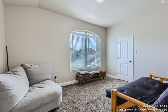 living area featuring carpet flooring and vaulted ceiling