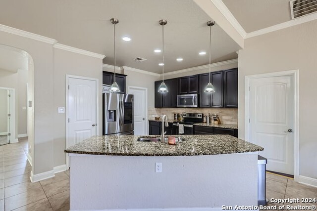 kitchen featuring backsplash, a kitchen island with sink, stainless steel appliances, sink, and dark stone counters