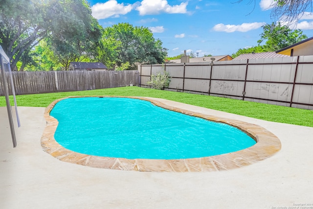 view of pool featuring a yard and a patio area