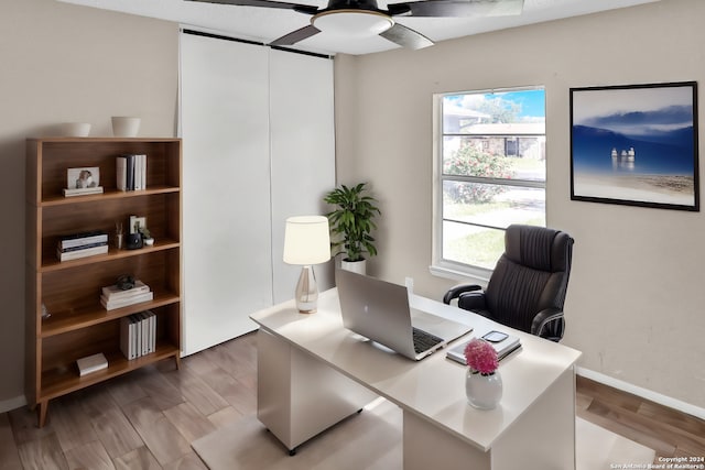 office featuring hardwood / wood-style floors and ceiling fan