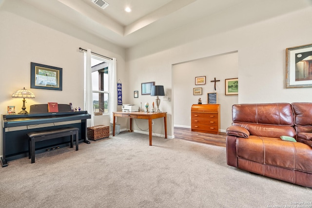 living area with a raised ceiling and light carpet