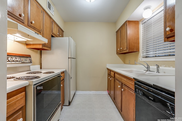 kitchen featuring white electric stove, black dishwasher, and sink